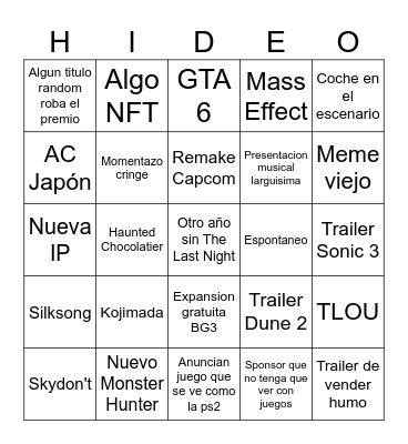 Game Awards Bingo Card