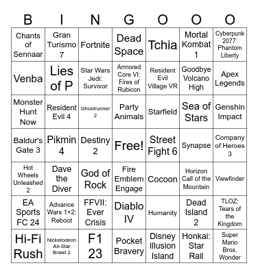 2023 Game Award Nominations Bingo Card