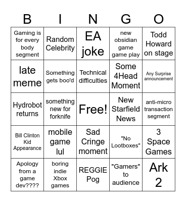 Game Awards Bingo Card