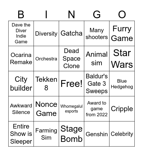 Game Awards Bingo Card