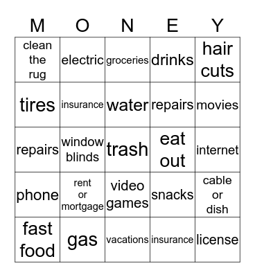 Budget Your Money Bingo Card