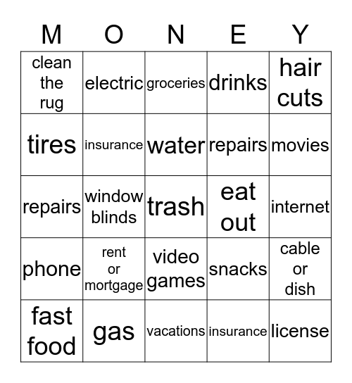 Budget Your Money Bingo Card