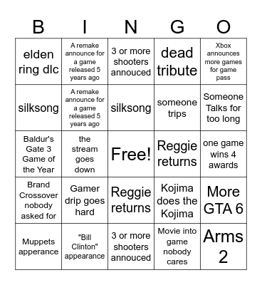 Game Awards Bingo Card