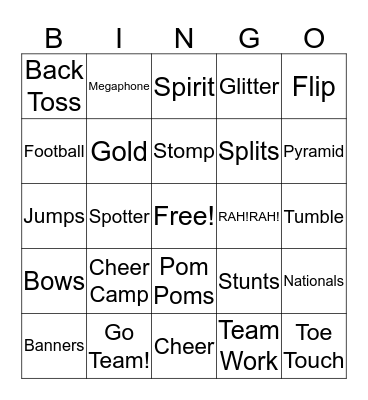 Cheerleader Bingo Card
