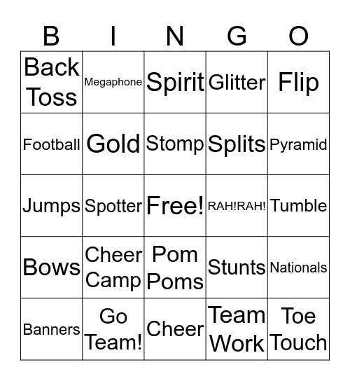Cheerleader Bingo Card