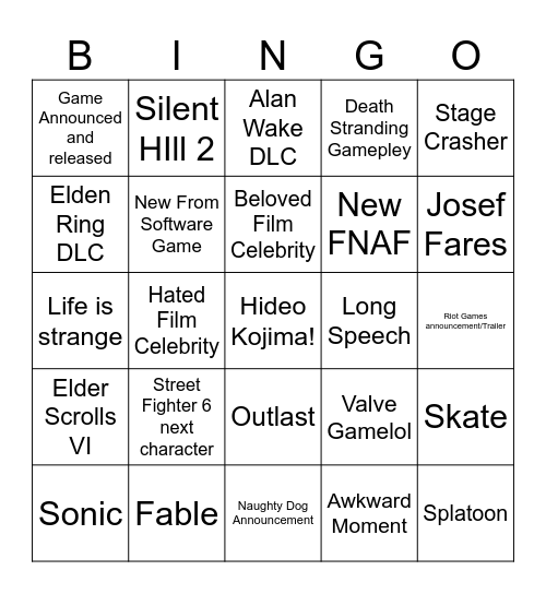 Game Of The Year 2023 Bingo Card