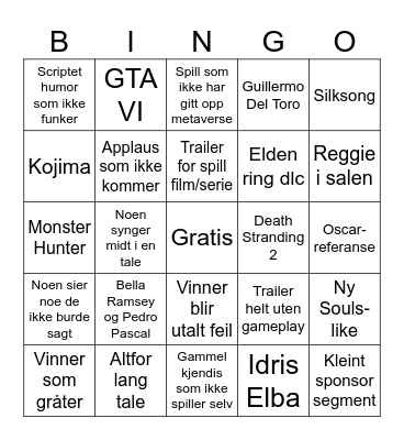 Game Awards 2023 Bingo Card