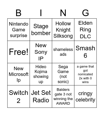 Game Awards Bingo Card