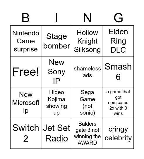 Game Awards Bingo Card