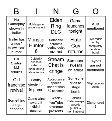 Game Awards Bingo Card