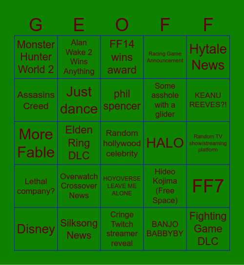 Game Awards BINGO Card