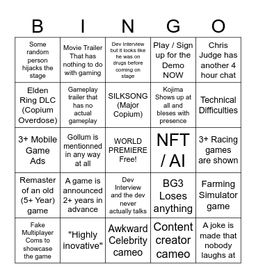 Game Awards 2023 Bingo Card