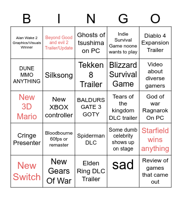 The Game Awards 2023 Bingo Card