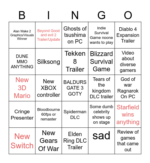 The Game Awards 2023 Bingo Card