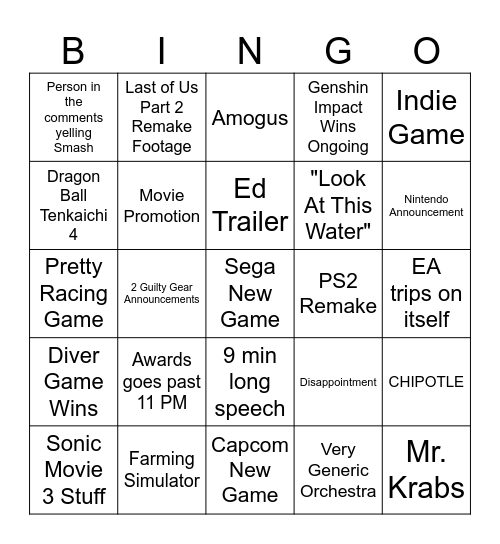 Game Awards Bingo Card