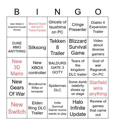 The Game Awards 2023 Bingo Card