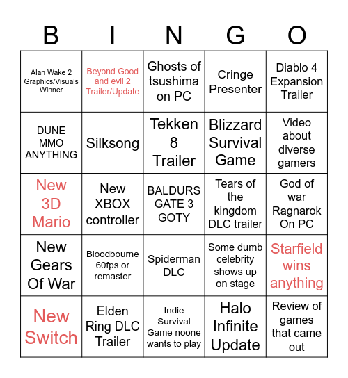 The Game Awards 2023 Bingo Card