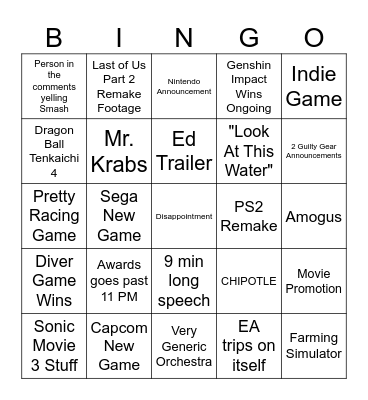Game Awards Bingo Card