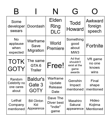 Game Awards Bingo Card