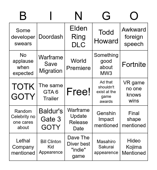 Game Awards Bingo Card