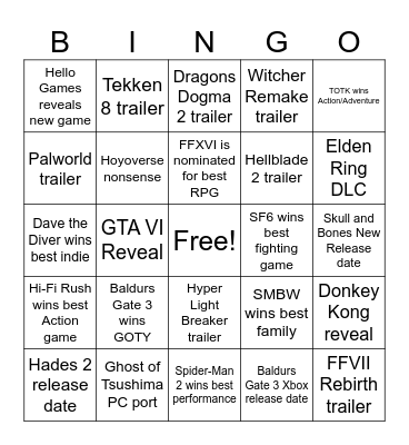The Game Awards 2023 Bingo Card