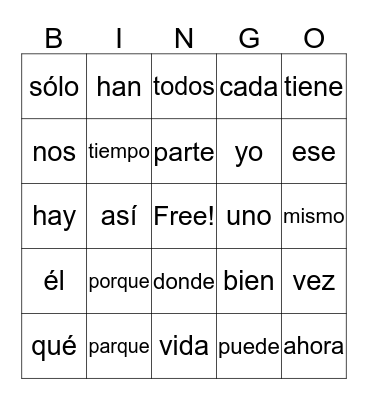 Palabras de Alta Frecuencia Bingo Card