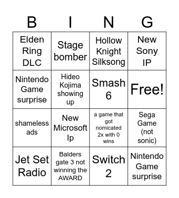 Game Awards Bingo Card