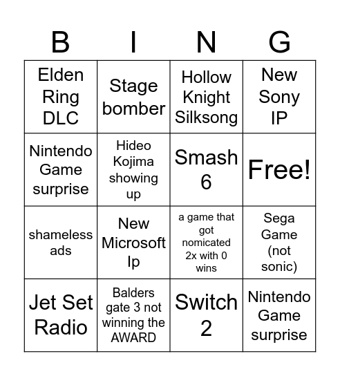 Game Awards Bingo Card