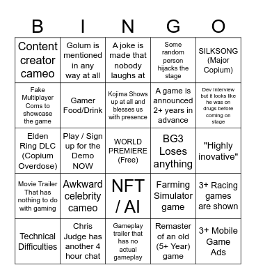 Game Awards 2023 Bingo Card
