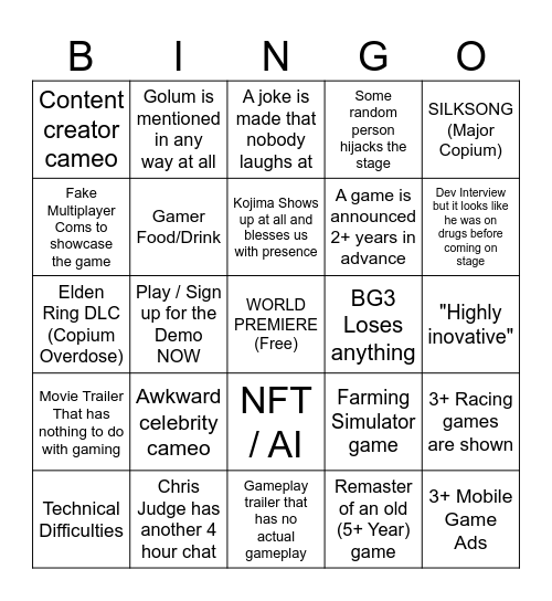 Game Awards 2023 Bingo Card