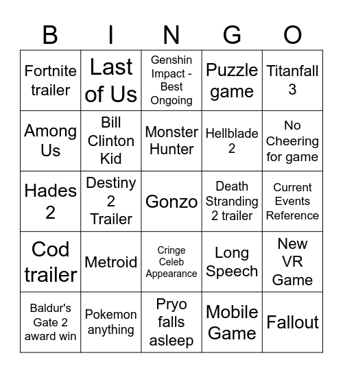 Gay Awards 2023 Bingo Card