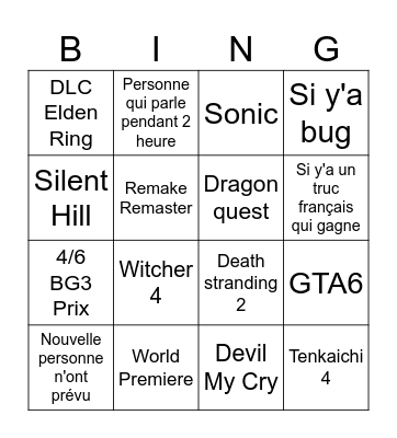 Game Awards Bingo Card