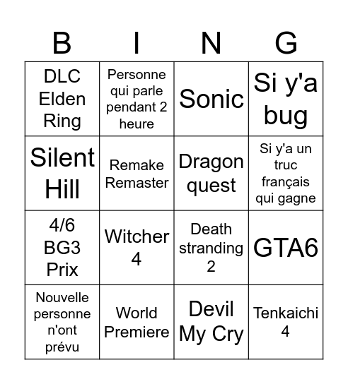 Game Awards Bingo Card