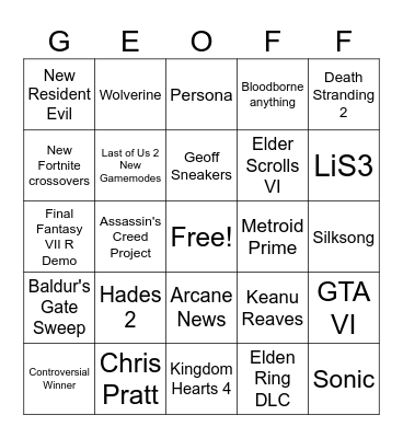 Games Awards 2023 Bingo Card