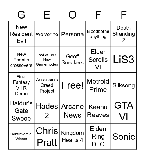 Games Awards 2023 Bingo Card