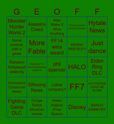 Game Awards BINGO Card