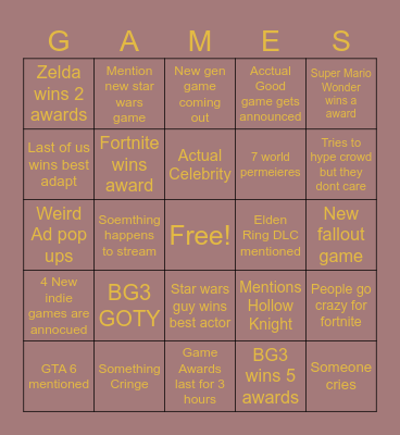 Game Awards Bingo Card