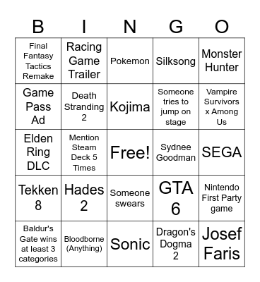 Game awards 2023 Bingo Card