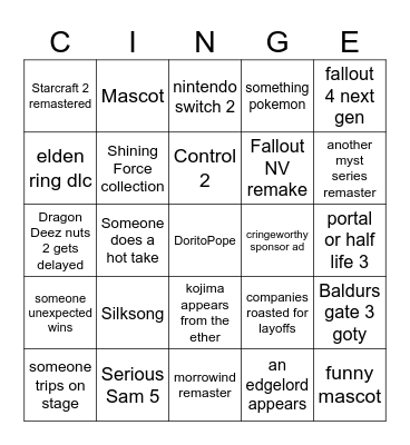 Cringe Awards Bingo Card