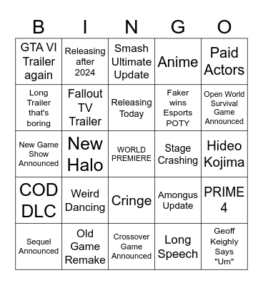 The Game Awards Bingo Card