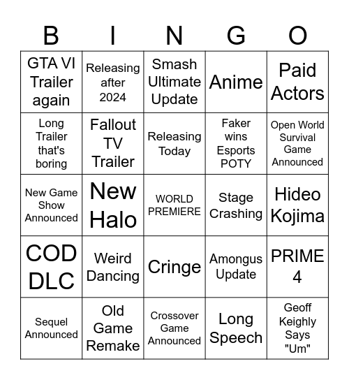 The Game Awards Bingo Card