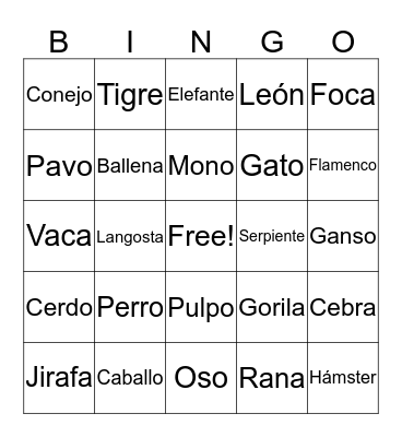 Animals Bingo Card