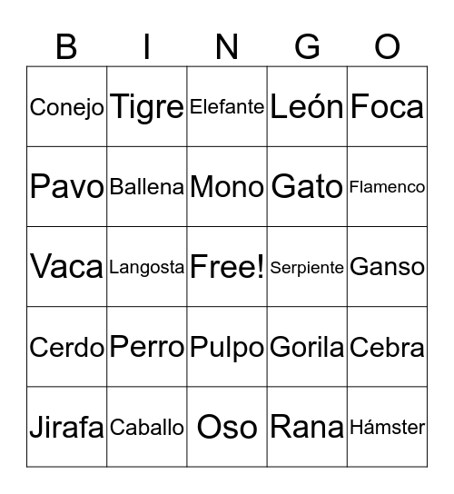 Animals Bingo Card