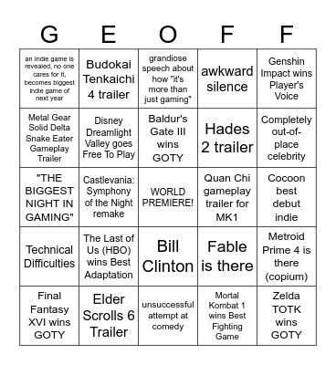 Game Awards 2023 Bingo Card
