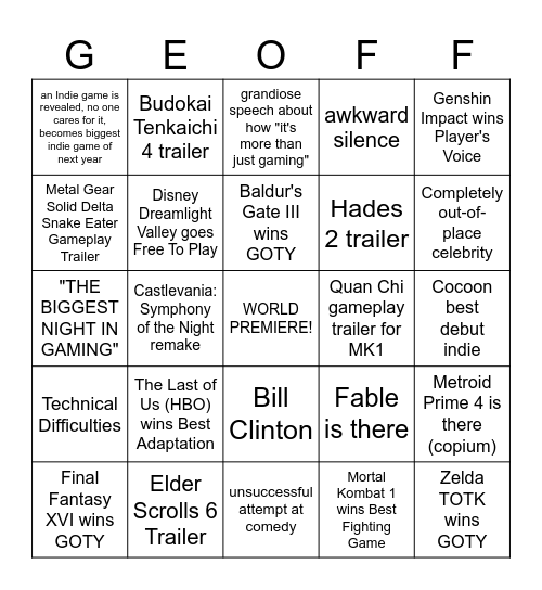 Game Awards 2023 Bingo Card