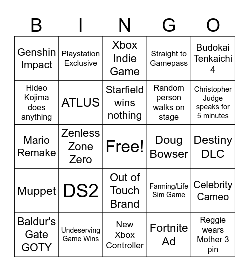 The Game Awards Bingo Card