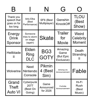 The Game Awards 2023 Bingo Card