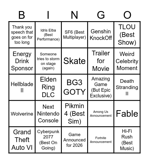 The Game Awards 2023 Bingo Card