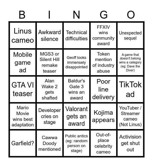 The Game Awards 2023 Bingo Card