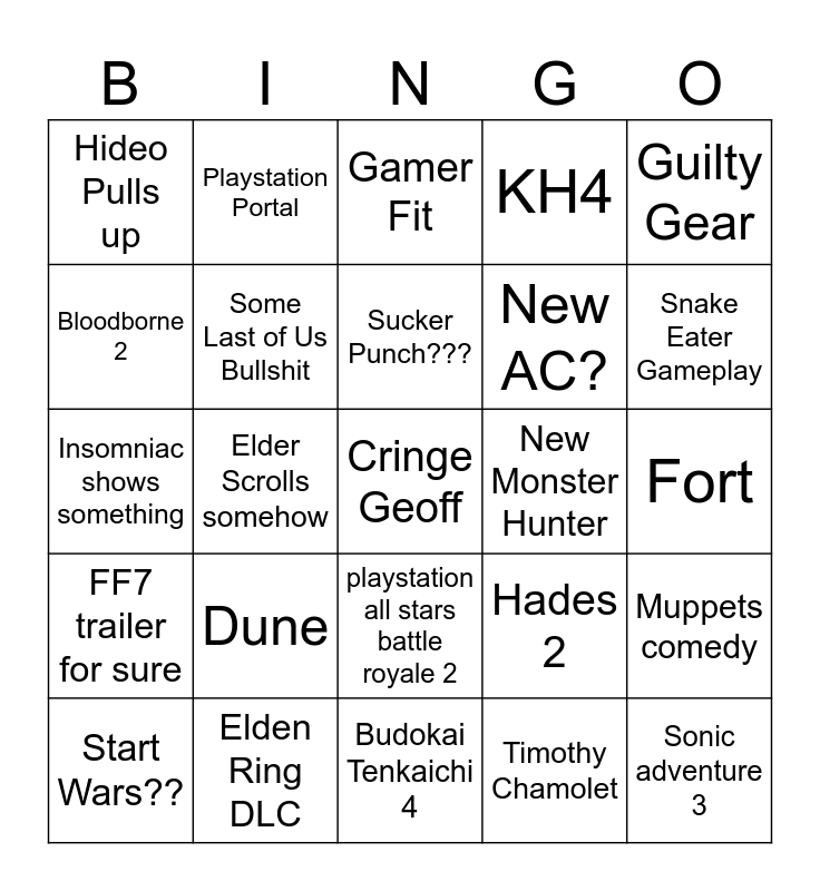 Game Awards 2024 Bingo Card